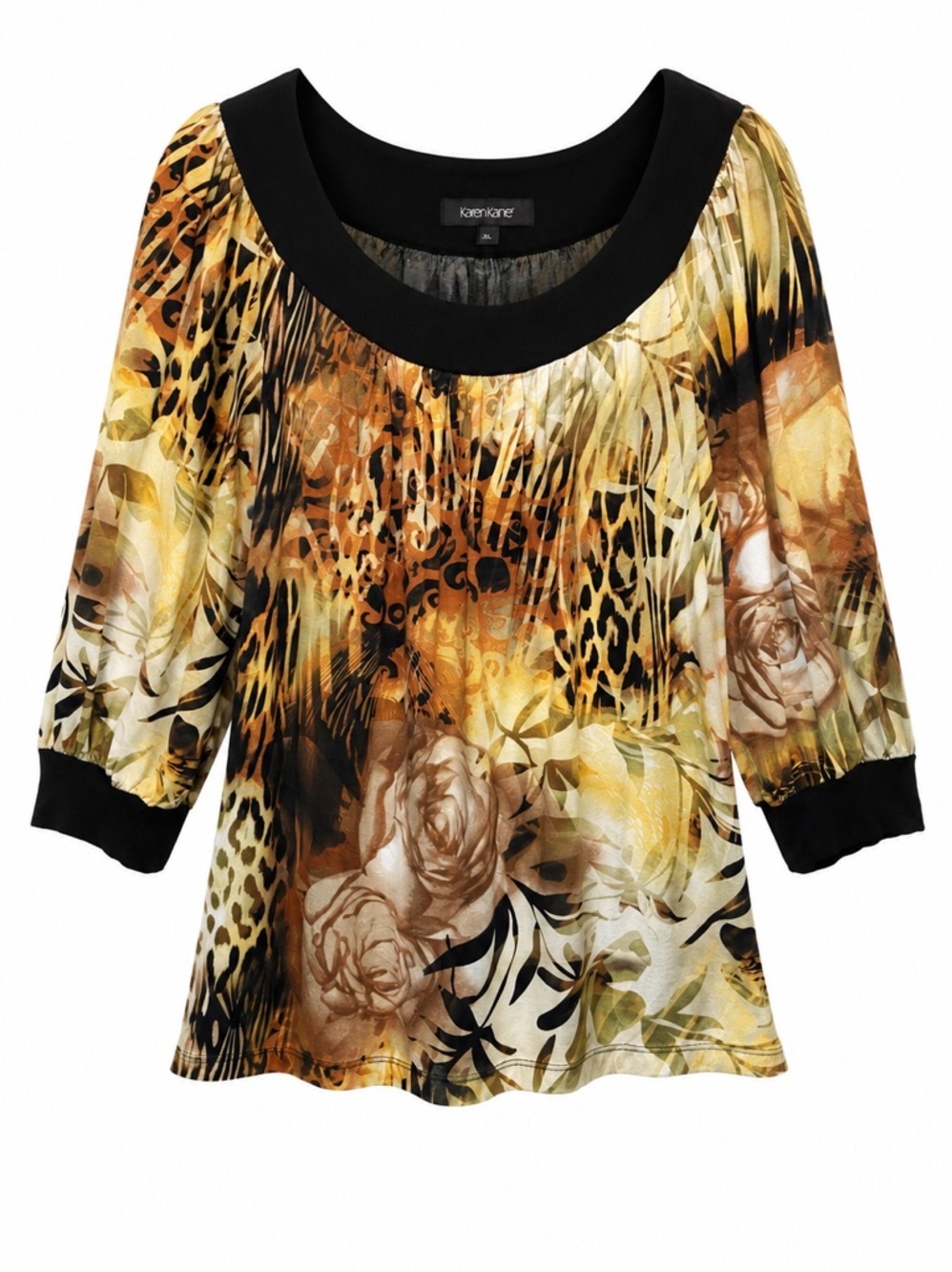 Karen Kane Brown and Tan Animal Jungle Print 3/4 Sleeve Cotton Top Blouse Sz XL